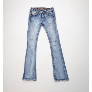 Rock Revival Womens 26 Distressed Thick Stitch Jeweled Sundee Bootcut Jeans Blue